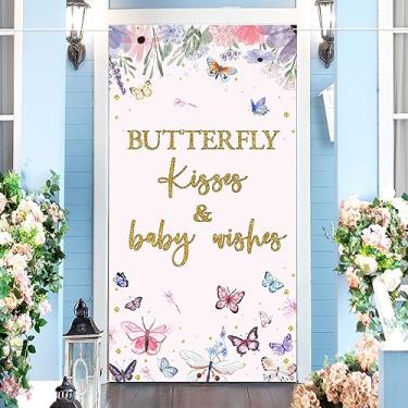Imagem de RoadSea Faixa de porta Butterfly Kisses & Baby Wishes - Capa de porta de festa de chá de bebê de borboleta - Varanda de porta de primeiro aniversário - Decoração de porta de fundo de fotografia de