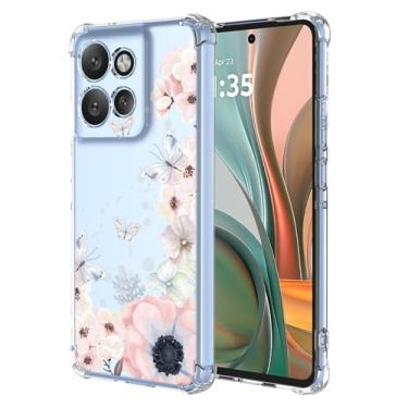 Imagem de RRXSYXL Capa para Moto G75 com estampa floral transparente, proteção à prova de choque, capa de TPU macio para Motorola G75, borboletas de flores rosa