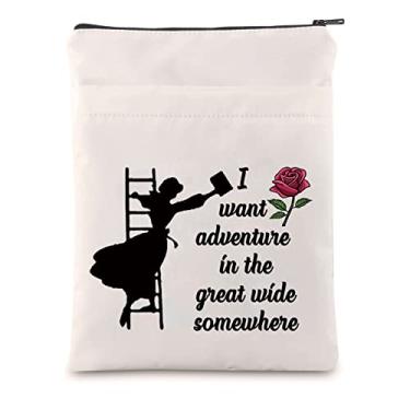 Imagem de LQRI Capa de livro de conto de fadas com zíper Belle Rose Novo presente de aventura I Want Adventure in The Great Wide Somewhere Saco de livro (I Want Adventure in The Great Wide Somewhere)