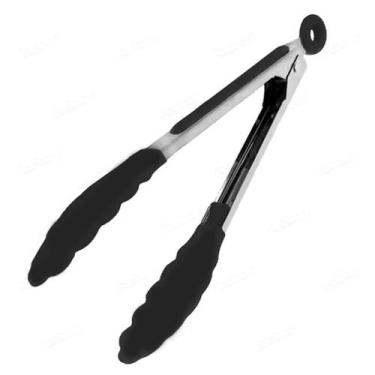 Imagem de Pegador Silicone Pinça P/ Salada Churrasco Silicone Inox 34cm Preto Mu