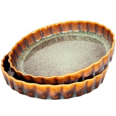 Imagem de jinsongdafa Conjunto de 2 formas grandes de torta de quiche, de cerâmica, 400 ml, borda franzida com babados para quiche, forma de torta, microondas, freezer, lava-louças, forno, ótimo presente para