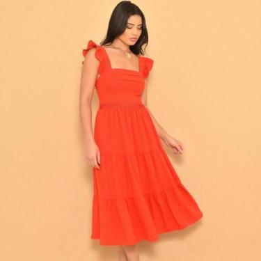 Imagem de Vestido midi luxo duna lisa com babada na manga e renda na cintura 001