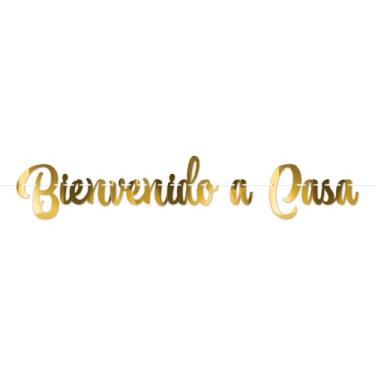 Imagem de Beistle Bienvenido a Casa Streamer cartolina dourada Design de escrita espanhola com fita branca Decoração de festa de boas-vindas em casa para paredes e detalhes de mesa, 1,78 m x 1,78 m
