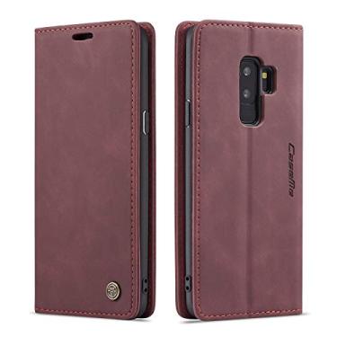 Imagem de Capa carteira para Samsung Galaxy S9+ Plus, capa protetora flip magnética de couro estilo retrô com compartimento para identidade e cartão de crédito para Samsung Galaxy S9+ Plus (vermelho vinho)
