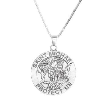 Imagem de Colar Medalhão Arcanjo São Miguel: Protetor milagroso, prateado e dourado, pingente de moeda católica religiosa - presente masculino perfeito, Zinco, Sem Pedra Preciosa