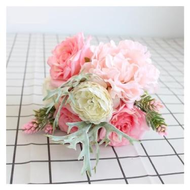 Imagem de LICONG-2020 Decoração de primavera - Buquê de simulação de rosa, buquê de dama de honra, casamento, flor de seda artificial, peônia, chifre, samambaia, suculenta, folhagem, azul, flores de casamento,