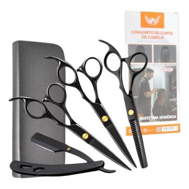 Imagem de Kit Tesoura Navalha Profissionais Barbeiro Fio Laser 6 Peças - NoBrand