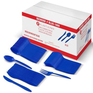 Imagem de PLASTICPRO Conjunto de talheres de 1000 peças de garfos, colheres e facas de plástico azul, pacote variado de talheres coloridos descartáveis para festa, escritório em casa