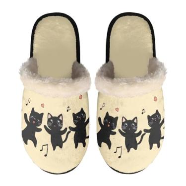 Imagem de GOSTONG Pantufas femininas macias, macias, leves, para uso doméstico, antiderrapante, felpudo, quente, para inverno, Gatos dançantes, Small