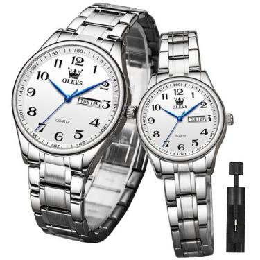 Imagem de Relógio OLEVS Valentines Couple Pair à prova d'água prateado