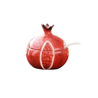 Imagem de MayeBridge Lindo açucareiro de frutas, açucareiro de romã, pote de romã, pote de sal de cerâmica, pote de armazenamento de pimenta com tampa e colher, potes de condimento de caixa de tempero (amemã)