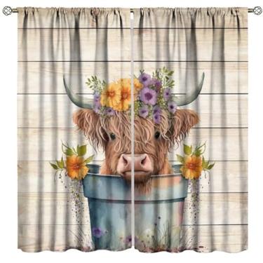 Imagem de Cortinas Highland Cow Farm Lindas Flores de Vaca Porta de Celeiro Casa de Fazenda Ocidental Rústica Engraçada Blackout Cortinas para Quarto Sala de Estar Cozinha Café Decoração (L53xC145 polegadas) x