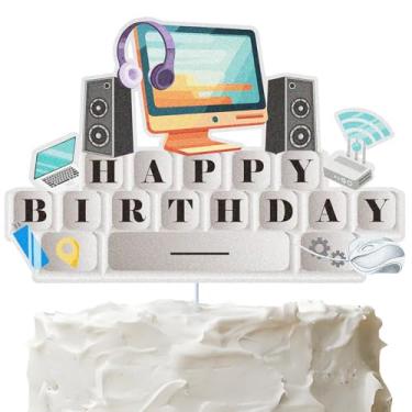Imagem de Intelligence Computer Happy Birthday Cake Topper Silver Glitter Audio Mouse Headphone Cake Decoration Intelligence Computer Smatt search Boys Girls Kids student Themed Birthday Party Supplies