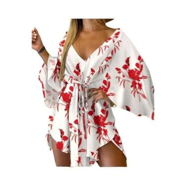 Imagem de Vestido Boêmio Feminino Estampado - Decote V, Manga Morcego e Babado -