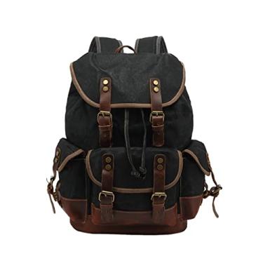 Imagem de Mochilas de lona masculina de couro vintage mochila escolar masculina de qualidade mochila para laptop masculina(Black)