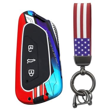 Imagem de HIBEYO Capa Smart Key Fob compatível com VW Volkswagen ID3 ID4 MK8 Golf 8 GTI Skoda Octavia Acessórios Fashion Metal Painted Key Shell com Bandeira dos EUA Chaveiros-C Chaveiro Vermelho