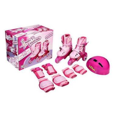 Imagem de Patins Tri-line Rosa Menina Ajustável 30 Ao 33 Kit Proteção - Fenix