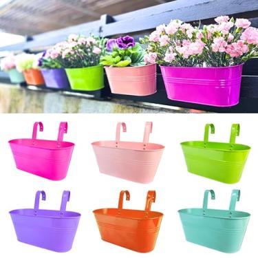 Imagem de LaLaGreen Vaso suspenso para uso externo (pacote com 6, 29 cm) azul claro, verde, rosa neon, azul escuro, laranja, caixa de janela de ferro rosa pêssego, vaso de flores, deck, trilhos, baldes, varanda