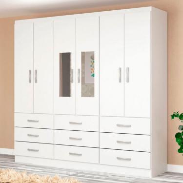 Imagem de Guarda-Roupa Solteiro Bergamo 6 Portas 9 Gavetas com Espelho Branco - Evidencia