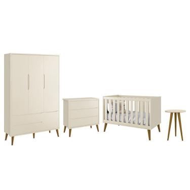 Imagem de Dormitório Infantil Theo Retrô 3 Portas, Cômoda, Berço e Mesa de Apoio com Pés Amadeirado - Reller Móveis Areia Fosco