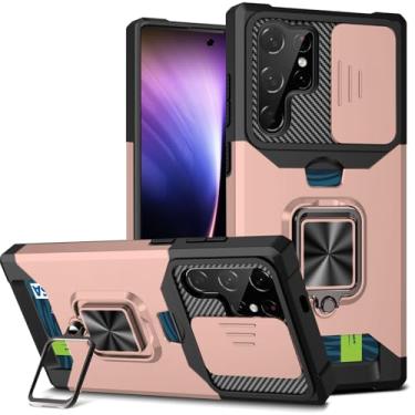Imagem de Pacciculn Compatível com capa de câmera deslizante com suporte de cartão de crédito para Sumsung Galaxy S25 Ultra Ring Magnetic Kickstand Capa protetora resistente para telefone placa de metal para
