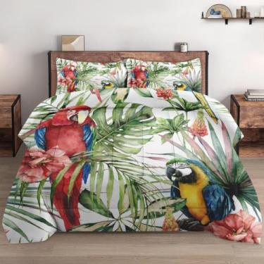 Imagem de WeCozy Conjunto de edredom Queen Size com 2 fronhas, pássaros de hibisco tropical, 3 peças, para crianças e adultos, conjunto de edredom macio e folha de palmeira para decoração de quarto