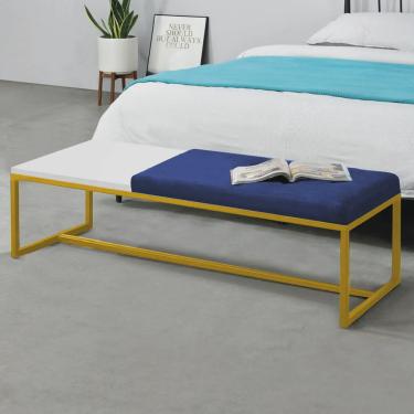 Imagem de Calçadeira Recamier Londres 140cm Industrial Dourado Corino Azul Marinho Tampo Quadrado mdf Branco - Ahz Móveis