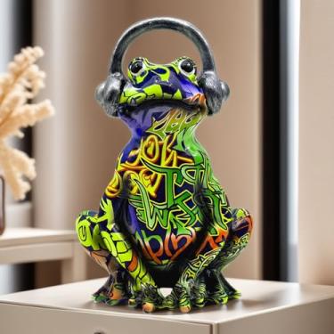 Imagem de XINDAM Sapo engraçado ouvir música com fones de ouvido estatuetas artesanato modelo home office exibição decorativa sala de estar mesa decoração (sapo 1)