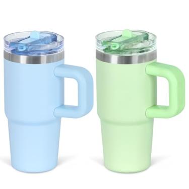 Imagem de Cosictic Copo de canudo flip de 400 ml com alça para crianças, copo isolado de parede dupla de aço inoxidável para crianças com tampa flip top, copos à prova de vazamento de 400 ml para crianças, azul