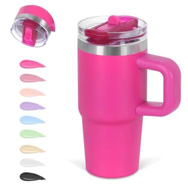Imagem de Cosictic Copo de canudo flip de 400 ml com alça para crianças, copo isolado de parede dupla de aço inoxidável para crianças com tampa flip top, copos à prova de vazamento de 400 ml para crianças, rosa