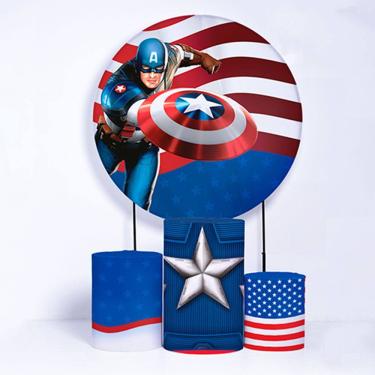 Imagem de Kit Painel de Festa Redondo de 1,50m e Trio de Cilindros Capitão América - Fera Print
