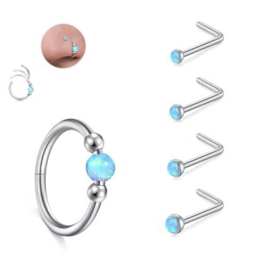 Imagem de JFORYOU Conjunto de anéis de nariz 18G para mulheres, aço inoxidável, hipoalergênico, 1,5 mm, 2,5 mm, 2,5 mm, 3 mm e opala articulada, segmento clicker, argolas de nariz, argolas, cartilagem de hélice