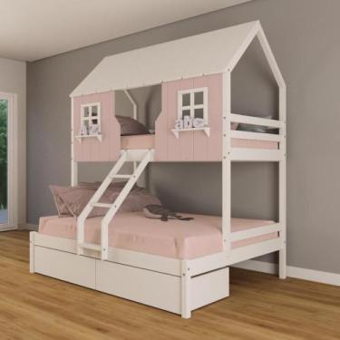 Imagem de Beliche Casal/ Solteiro Casinha Encantada com 02 Gavetas Madeira Maciç