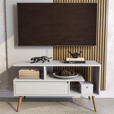 Imagem de Rack Aparador Estante para Tv 55 Polegadas com Porta Nicho Prateleira Pés Palito Retro Branco