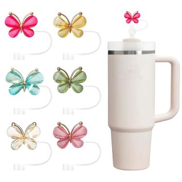 Imagem de Tampa de palha, 6 peças de topo de palha para copo Stanley, compatível com copos de 850 g e copos de 1,134 g, acessórios de silicone reutilizáveis de 10 mm, presentes ideais para amigos (Butterfly A