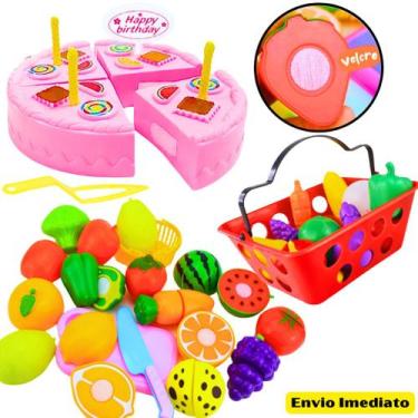 Imagem de Kit Brinquedo Cozinha Infantil Comidinha de Corte Com Velcr+ Cesta Fru