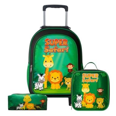 Imagem de Kit Mochila de Rodinha Escolar Infantil Menina e Menino + Lancheira + Estojo Grande Box Necessaire (Safari)