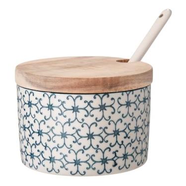 Imagem de Nordring Açucareiro Kristina com tampa e colher de bambu, pote de 255 g para sal, geléia, mostarda, azul, grés, decoração de carimbo feito à mão