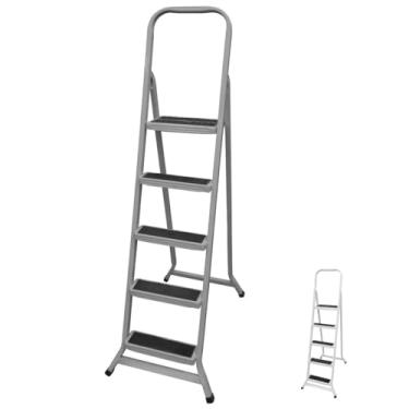 Imagem de Escada 5 Degraus Ferro Dobrável Parede Reforçada Reta Sótão (Prata)