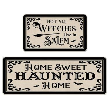 Imagem de Livcoz Conjunto de 2 tapetes de cozinha de Halloween, decoração de tapetes de casa de fazenda, Not All Witches Live in Salem, decoração engraçada para casa doce assombrada - 43 x 73 x 47 cm