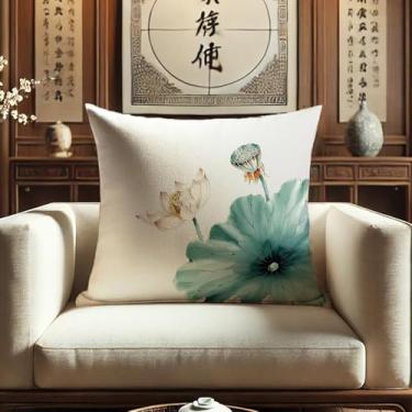 Imagem de Sladjana Enchanting Teal - Tinta chinesa verde - Capa de almofada de lótus de lavagem: Impressão digital de alta definição em imitação artística de linho (40,6 x 40,6 cm, JBHH-F)