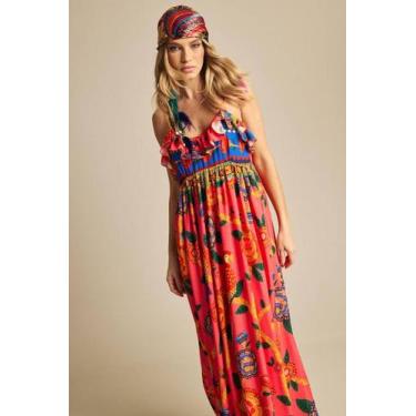 Imagem de Vestido Longo De Alças Reguláveis Com Babadinhos Rosa Estampado Yacami