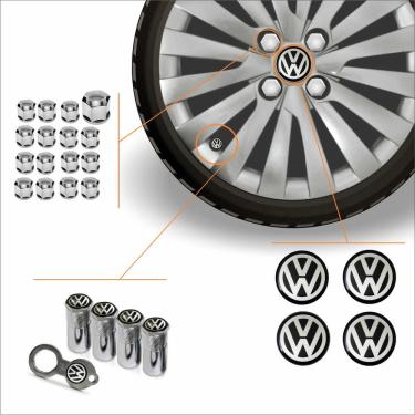 Imagem de Kit Acessórios Para Roda Calota Volkswagen Emblema Resinado + Tampa Ventil Antifurto + Capa Parafuso