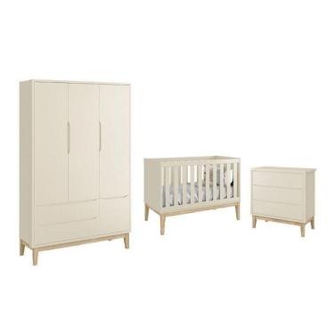 Imagem de Dormitório Classic 3 Portas E Cômoda 3 Gavetas Areia Fosco Com Pés Madeira Natural - Reller Móveis Areia Fosco