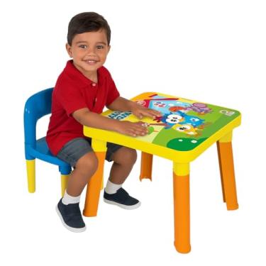 Imagem de Mesa Mesinha com Cadeira Tampa Fixa Para Criança, Super Resistente e Colorida, Ideal Para Atividades, Estudo, Lanche e Desenho–Decoração com Tema Galinha azul Pin Tadinha Infantil Menino e Menina.