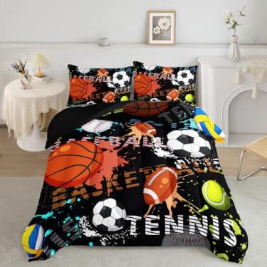 Imagem de AILONEN Jogo de cama de solteiro esportivo para crianças, meninos, futebol, rúgbi, basquete, edredom colorido, hip hop, grafite, 1 edredom com 2 fronhas, 3 peças