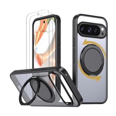 Imagem de HCXLYP Capa magnética forte para Google Pixel 9 Pro XL com suporte rotativo de 360° [com 2 películas de vidro temperado] [compatível com Magsafe] Capa de proteção contra quedas de grau militar, preta