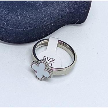 Imagem de Anel aliança Aço Inoxidável Prata Trevo madripérola Branco Inox Pratea