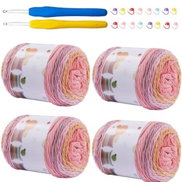 Imagem de Mdoker Fio de bolo Ombre para crochê, 4 peças, fio gradiente de bolo - 4 x 100 g, 45% algodão, 55% acrílico, fio de algodão arco-íris para tricô, xales, cobertores, cachecóis, roupas (rosa com amarelo