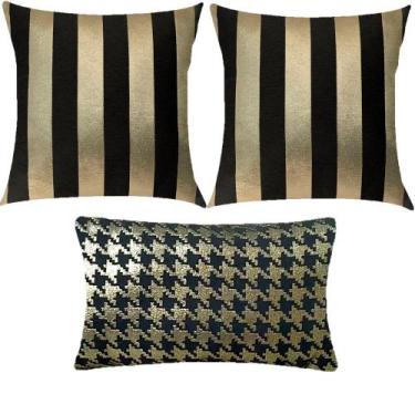 Imagem de Kit 3 Almofadas Luxo  Listrado e Pied Poule Preto e Dourado - Sua Casa
